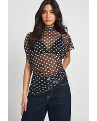Boohoo - Mesh Polka Dot High Neck Ruched Side Asymmetric Top - Lyst