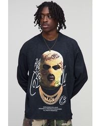 BoohooMAN - Oversized Extended Neck Ski Mask Long Sleeve Printed Washed T-Shirt - Lyst