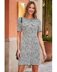Sosandar - Boucle Pocket Detail Shift Dress With Buttons - Lyst