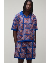 BoohooMAN - Oversized Boxy Crochet Patch Knitted Polo And Short Set - Lyst