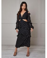 Chi Chi London - Petite Long Sleeve Ruffle Detail Foil Spot Maxi Dress - Lyst