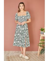 Yumi' - Organic Cotton Palm Print Midi Dress With Side Split - Lyst