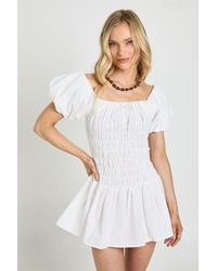 Boohoo - Petite Linen Look Puff Sleeve Shirred Maxi Dress - Lyst