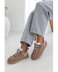 Where's That From - Wheres 'Mireya' Suede Low Top Trainer With Mesh Panel And Faux Fur Lining - Lyst