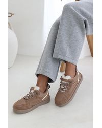 Where's That From - Wheres 'Mireya' Suede Low Top Trainer With Mesh Panel And Faux Fur Lining - Lyst