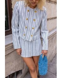 Hiccup - 2 Pieces: Striped Round Neck Buttoned Jacket & Mid Rise Mini Short Skirt - Lyst