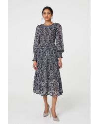 Izabel London - Paisley Long Puff Sleeve Midi Smock Dress - Lyst