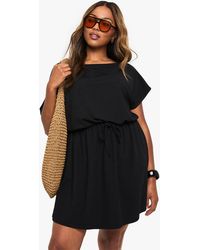 Boohoo - Plus Rib Off Shoulder Tie Waist Mini Dress - Lyst