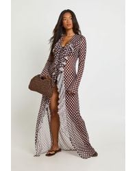 Boohoo - Polka Dot Ruffle Detail Mesh Maxi Beach Kimono - Lyst