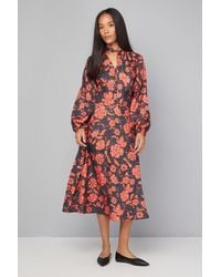 Wallis - Floral Button Tie Neck Midi Dress - Lyst