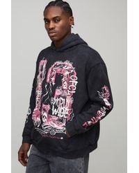 BoohooMAN - Oversized Doodle Print Acid Wash Hoodie Cotton - Lyst