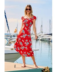 Sosandar - Floral Print Shirred Waist Midi Jersey Dress Denim - Lyst