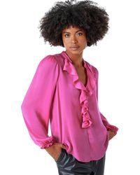 Roman - Satin Ruffle Neck Blouse - Lyst