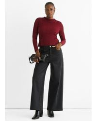 Gini London - Burgunderfarbenes Jersey-Spitzen-Top Mit Langen Ärmeln Und Hohem Halsausschnitt - Lyst