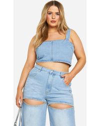 Boohoo - Plus Diamante Trim Denim Top - Lyst