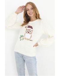 Brave Soul - Cream 'doyle' Sequin Owl Fluffy Christmas Jumper - Lyst