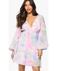 Boohoo - Floral Tie Waist Balloon Sleeve Mini Dress - Lyst