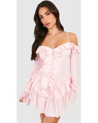 Boohoo - Petite Woven Ruffle Tiered Hem Mini Dress - Lyst