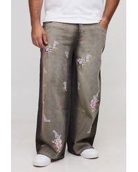 BoohooMAN - Plus Baggy Rigid Floral Embroidered Jeans - Lyst