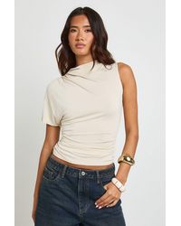 Boohoo - Ruched High Neck One Sleeve Top - Lyst
