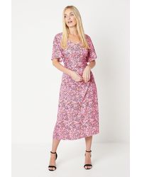 Wallis - Petite Floral Print Jersey Ruched Seam Midi Tea Dress - Lyst