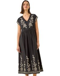 Roman - Embroidered V-Neck Midi Dress - Lyst