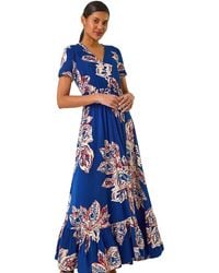 Roman - Leaf Print Shirred Maxi Dress - Lyst