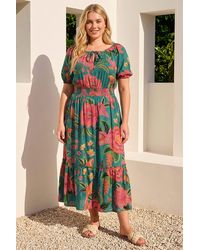 Roman - Curve Floral Shirred Waist Midi Dress - Lyst