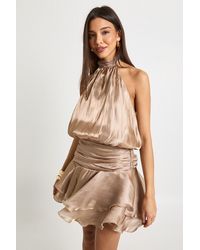 Boohoo - Textured Satin Ruched Frill Skirt Halterneck Mini Dress - Lyst