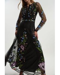 Karen Millen - Placed Floral Embroidered Mesh Woven Belted Maxi Dress - Lyst