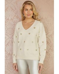 Yumi' - Cream Sequin Heart V Neck Jumper - Lyst