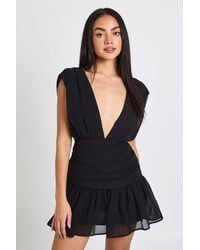 Boohoo - Chiffon Ruched Detail Plunge Front Mini Dress - Lyst