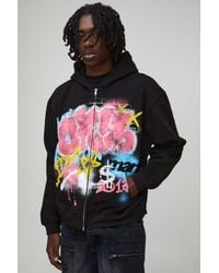 BoohooMAN - Oversized Boxy Zip Through Ofcl Graffiti Spray Printed Hoodie Cotton - Lyst