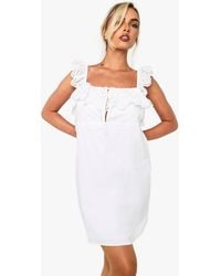 Boohoo - Cotton Ruffle Crochet Smock Mini Dress - Lyst