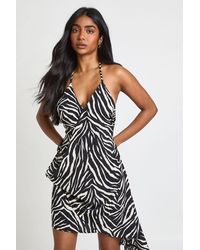 Boohoo - Zebra Print Chiffon Wrap Front Ruffle Detail Mini Dress - Lyst