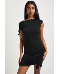 Boohoo - Acetate Slinky Asym Shoulder Ruched Detail Mini Dress - Lyst