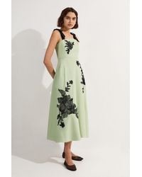 Karen Millen - Viscose Linen Placed Floral Lace Embroidered Strappy Midi Dress - Lyst
