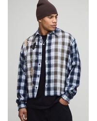 BoohooMAN - Oversized Applique Distress Boxy Revere Long Sleeve Check Shirt - Lyst