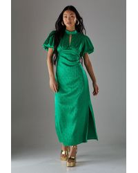 Warehouse - Petite Rose Satin Jacquard Puff Sleeve Tie Back Midi Dress - Lyst