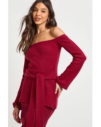 Boohoo - Brushed Rib Bardot Tie Wasit Lonline Top - Lyst