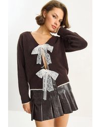 Bianco Lucci - Knit V-Neck Cardigan With Lace Tie Closure - Lyst