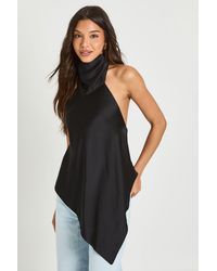Boohoo - Satin Funnel Neck Tie Back Top - Lyst