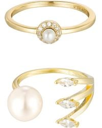 The Jewellery Stockroom - Plated Sterling Pearl & Cz Stacking Ring Set Of 2 Rings - Lyst