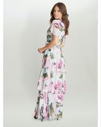 Gina Bacconi - Dione Long Printed Dress With Surplice Neckline And Short Sleeves - Lyst