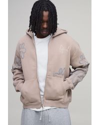 BoohooMAN - Tall Oversized Boxy Floral Puff Print Zip Through Hoodie - Lyst