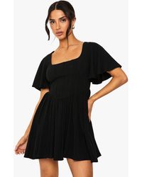 Boohoo - Petite Linen Mix Corset Angel Sleeve Skater Dress - Lyst