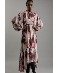 Karen Millen - Petite Crinkle Floral Woven Maxi Dress With Laced Back And Embellishment - Lyst