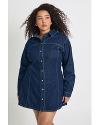 Boohoo - Plus Denim Cinched Button Down Skater Dress - Lyst