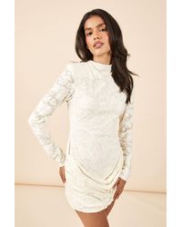 Boohoo - Burnout Floral Long Sleeve Drape Front Bodycon Dress - Lyst
