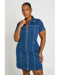 Boohoo - Plus Short Sleeve Zip Front Denim Dress - Lyst